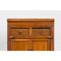 Vintage Brown Elmwood Chinese Side Cabinet with Two Drawers over Double Doors