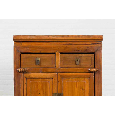 Vintage Brown Elmwood Chinese Side Cabinet with Two Drawers over Double Doors-6. Asian & Chinese Furniture, Art, Antiques, Vintage Home Décor for sale at FEA Home