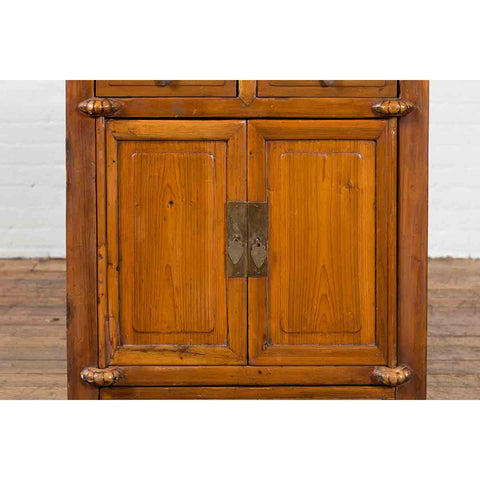 Vintage Brown Elmwood Chinese Side Cabinet with Two Drawers over Double Doors-7. Asian & Chinese Furniture, Art, Antiques, Vintage Home Décor for sale at FEA Home