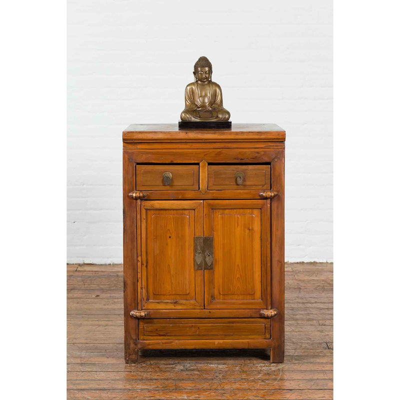 Vintage Brown Elmwood Chinese Side Cabinet with Two Drawers over Double Doors-3. Asian & Chinese Furniture, Art, Antiques, Vintage Home Décor for sale at FEA Home
