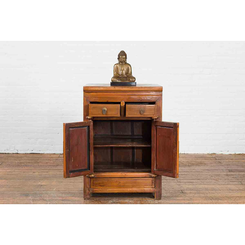 Vintage Brown Elmwood Chinese Side Cabinet with Two Drawers over Double Doors-4. Asian & Chinese Furniture, Art, Antiques, Vintage Home Décor for sale at FEA Home