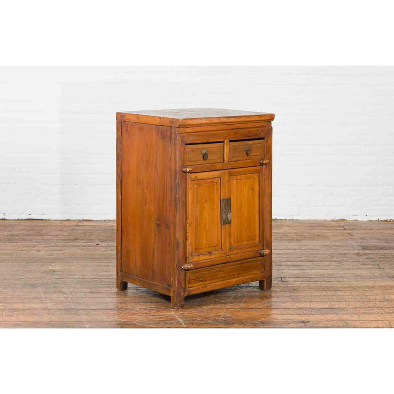 Vintage Brown Elmwood Chinese Side Cabinet with Two Drawers over Double Doors-5. Asian & Chinese Furniture, Art, Antiques, Vintage Home Décor for sale at FEA Home