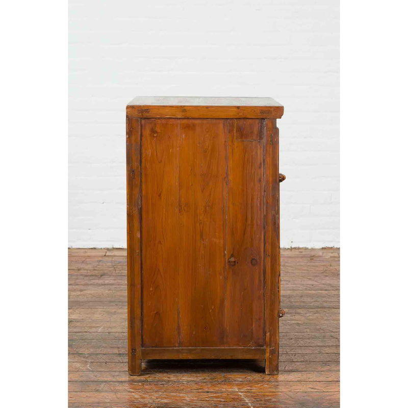 Vintage Brown Elmwood Chinese Side Cabinet with Two Drawers over Double Doors-9. Asian & Chinese Furniture, Art, Antiques, Vintage Home Décor for sale at FEA Home