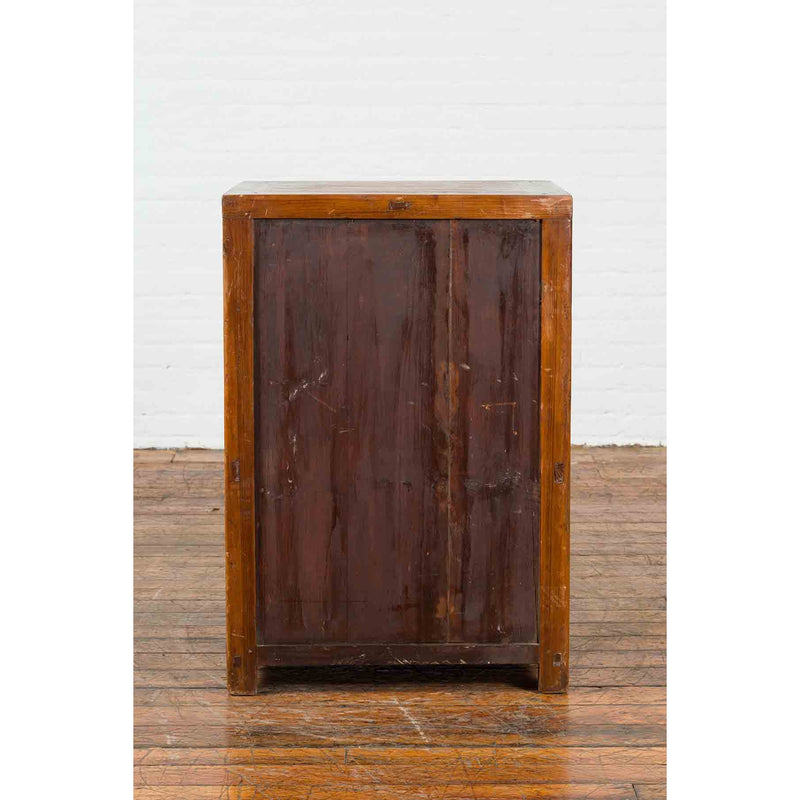 Vintage Brown Elmwood Chinese Side Cabinet with Two Drawers over Double Doors-10. Asian & Chinese Furniture, Art, Antiques, Vintage Home Décor for sale at FEA Home