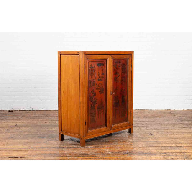 Chinese Early 20th Century Cabinet with Ink-Decorated Panels under Glass