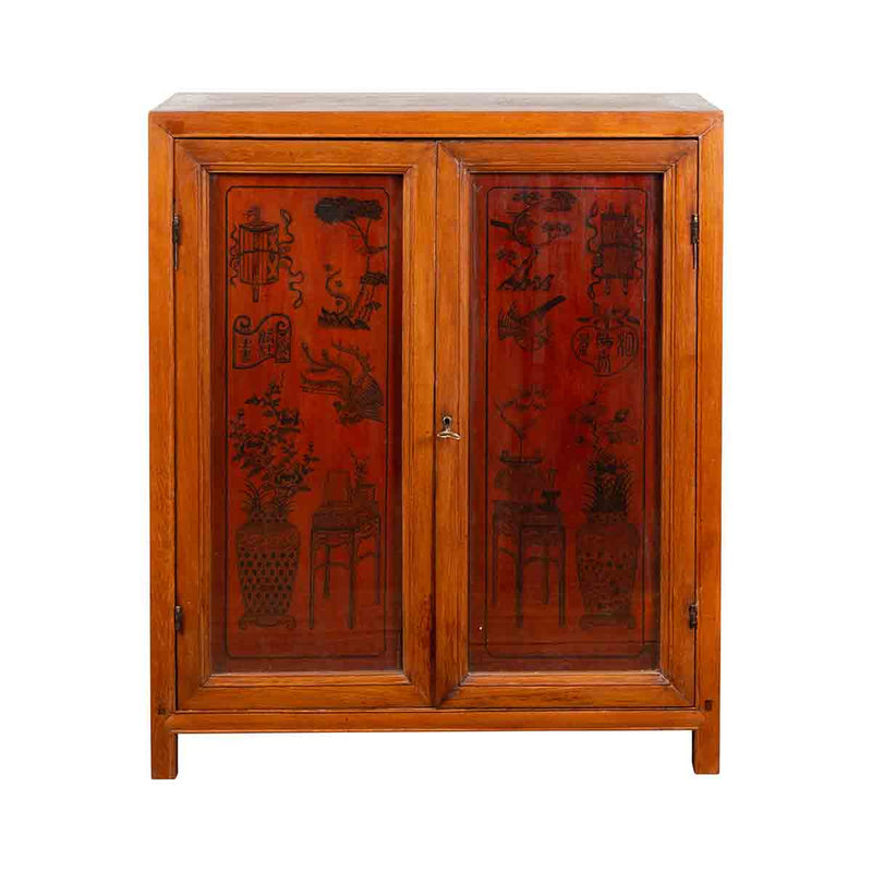 Chinese Early 20th Century Cabinet with Ink-Decorated Panels under Glass- Asian Antiques, Vintage Home Decor & Chinese Furniture - FEA Home