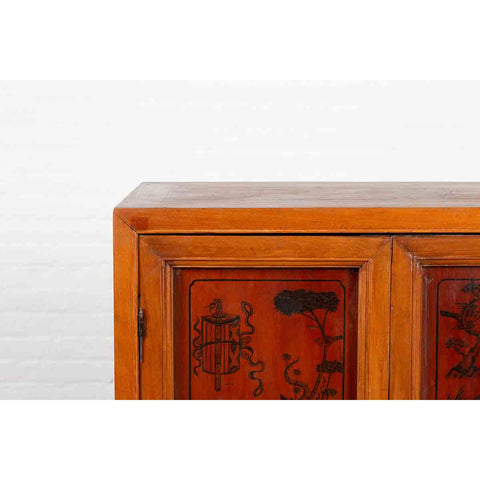 Chinese Early 20th Century Cabinet with Ink-Decorated Panels under Glass