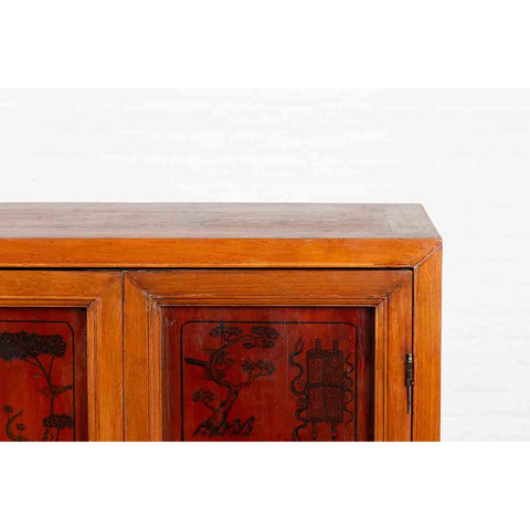 Chinese Early 20th Century Cabinet with Ink-Decorated Panels under Glass