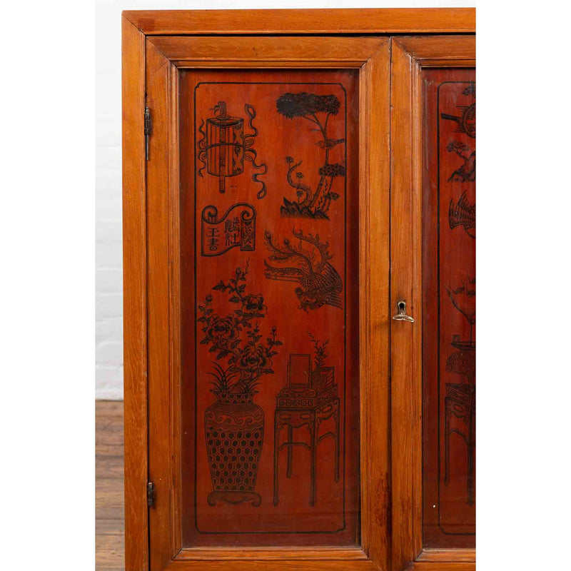 Chinese Early 20th Century Cabinet with Ink-Decorated Panels under Glass