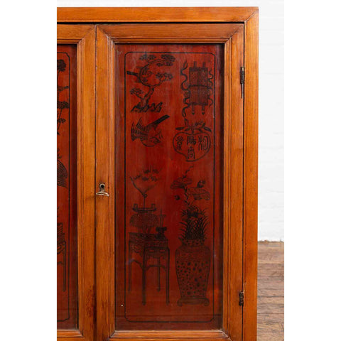 Chinese Early 20th Century Cabinet with Ink-Decorated Panels under Glass