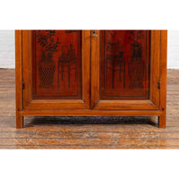 Chinese Early 20th Century Cabinet with Ink-Decorated Panels under Glass