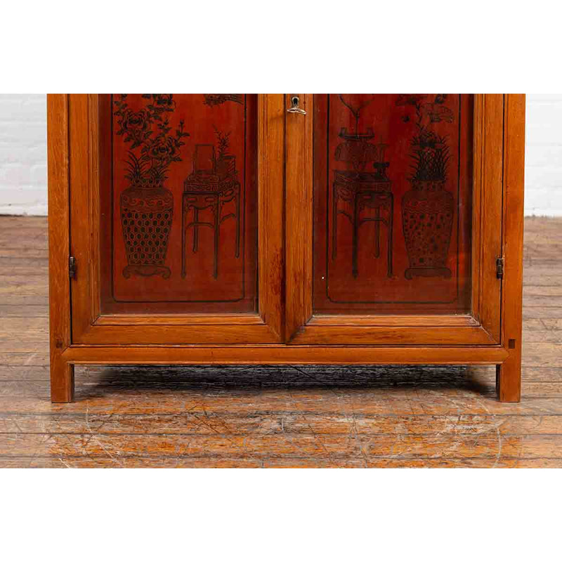 Chinese Early 20th Century Cabinet with Ink-Decorated Panels under Glass
