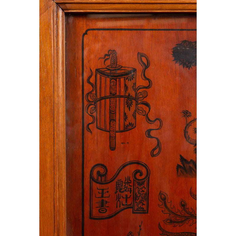 Chinese Early 20th Century Cabinet with Ink-Decorated Panels under Glass