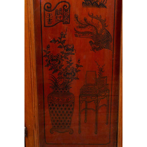 Chinese Early 20th Century Cabinet with Ink-Decorated Panels under Glass