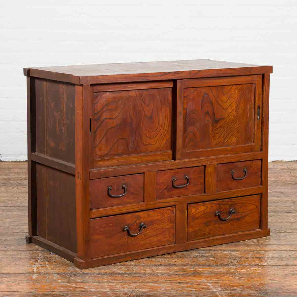 Japanese Taishō Period Keyaki Wood Cabinet with Sliding Doors and Five Drawers-2. Asian & Chinese Furniture, Art, Antiques, Vintage Home Décor for sale at FEA Home