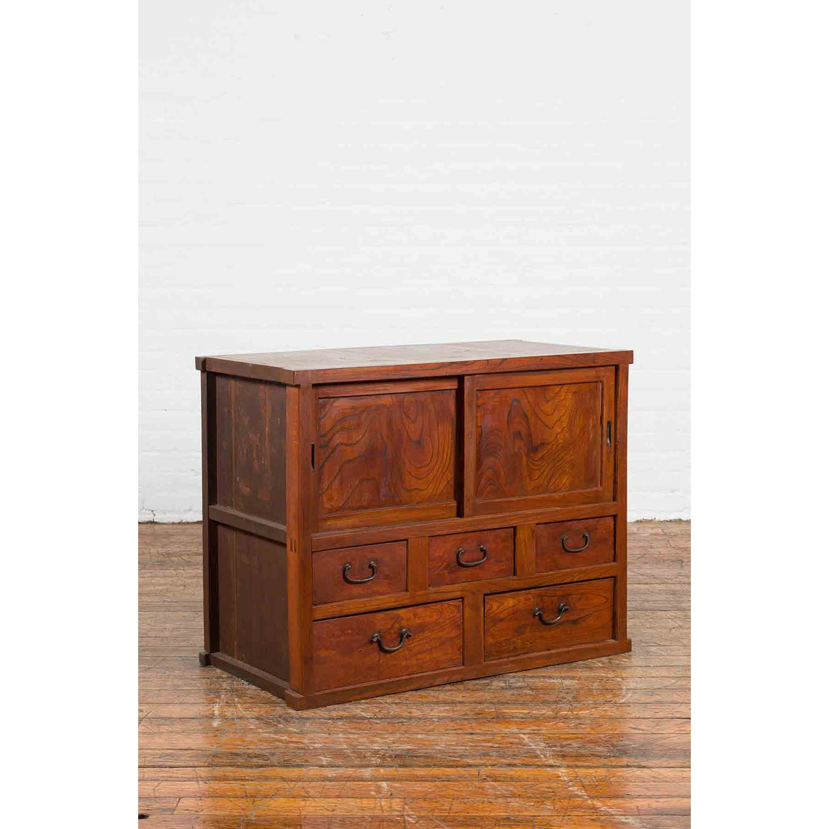 Japanese Taishō Period Keyaki Wood Cabinet with Sliding Doors and Five Drawers-7. Asian &amp; Chinese Furniture, Art, Antiques, Vintage Home Décor for sale at FEA Home