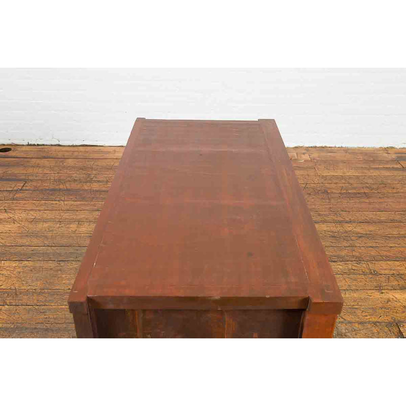 Japanese Taishō Period Keyaki Wood Cabinet with Sliding Doors and Five Drawers