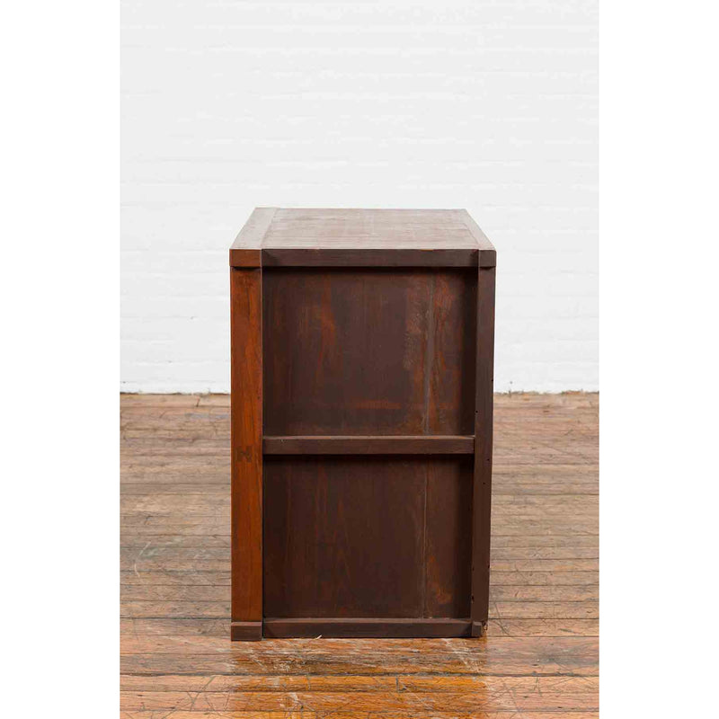 Japanese Taishō Period Keyaki Wood Cabinet with Sliding Doors and Five Drawers