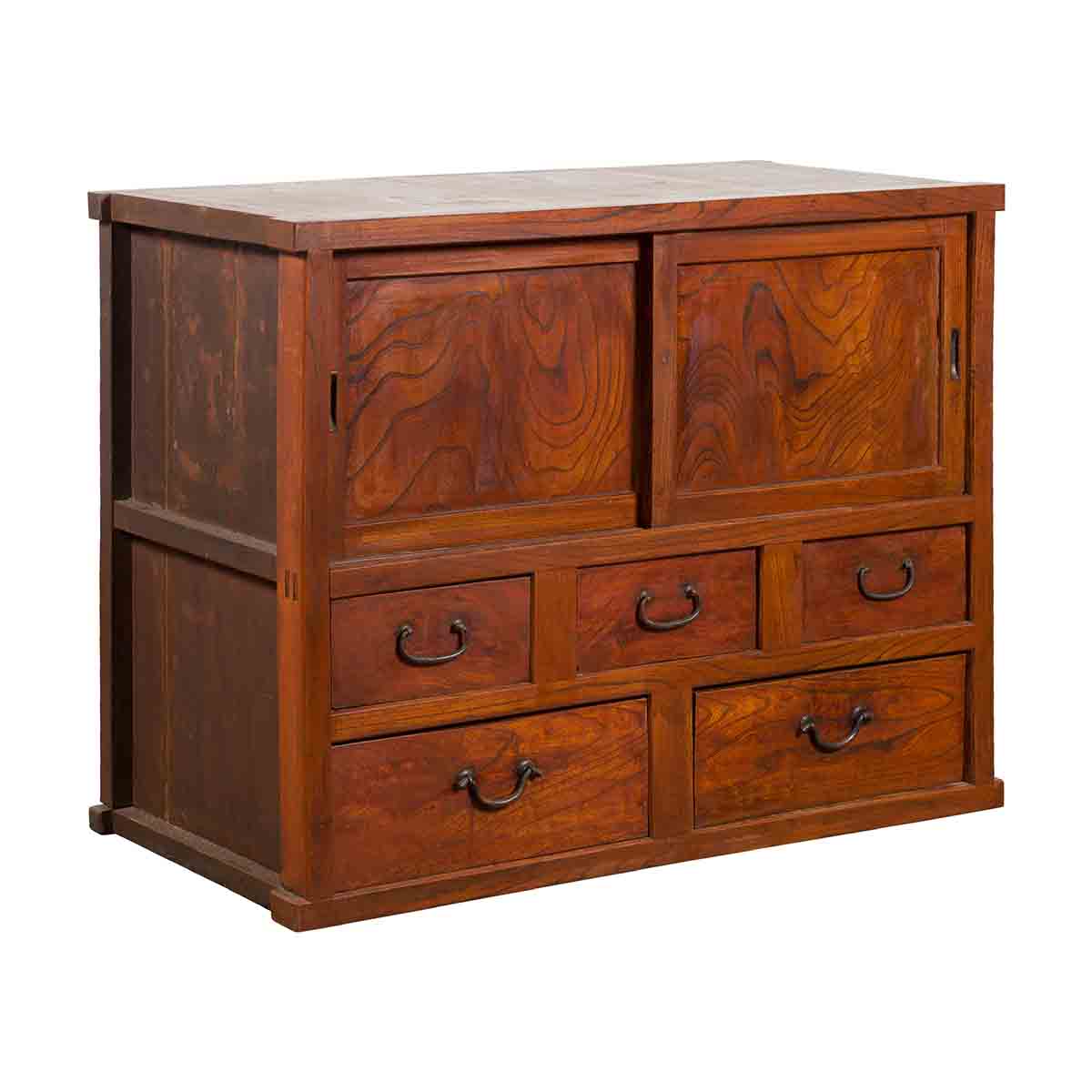 Japanese Taishō Period Keyaki Wood Cabinet with Sliding Doors and Five Drawers-1. Asian & Chinese Furniture, Art, Antiques, Vintage Home Décor for sale at FEA Home