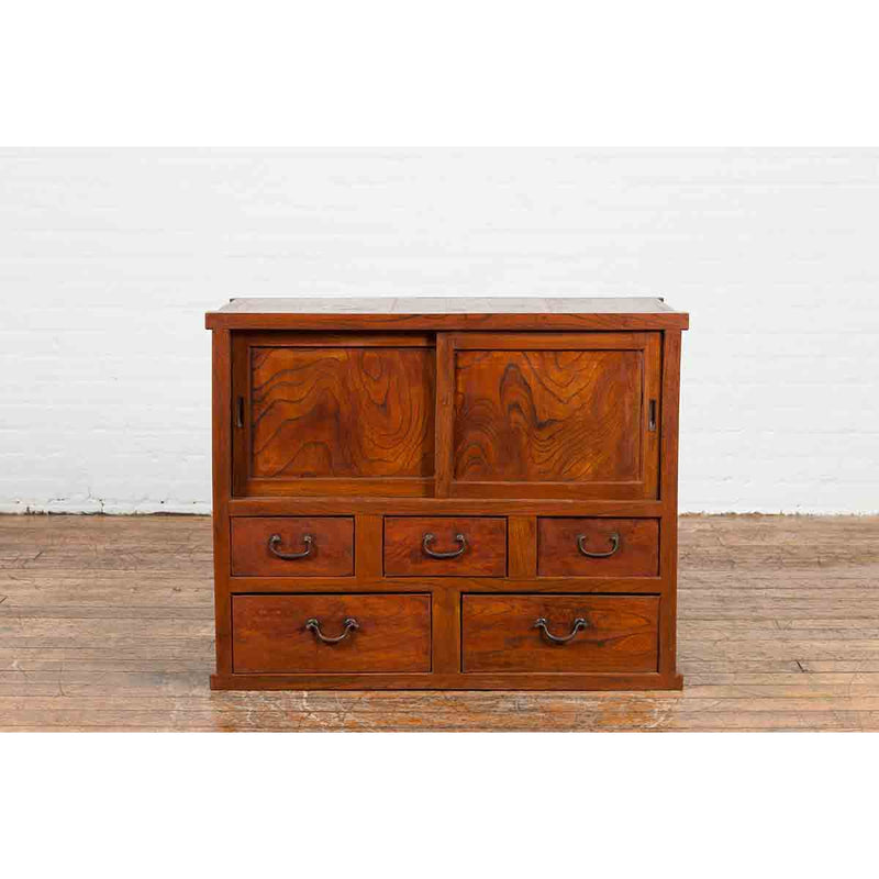 Japanese Taishō Period Keyaki Wood Cabinet with Sliding Doors and Five Drawers