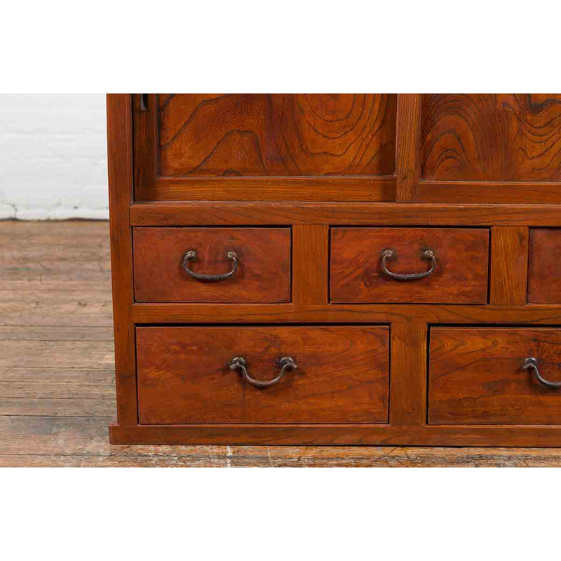 Japanese Taishō Period Keyaki Wood Cabinet with Sliding Doors and Five Drawers