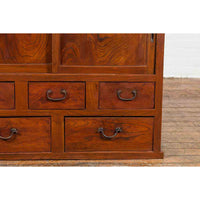 Japanese Taishō Period Keyaki Wood Cabinet with Sliding Doors and Five Drawers