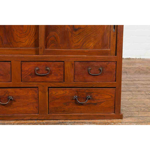 Japanese Taishō Period Keyaki Wood Cabinet with Sliding Doors and Five Drawers