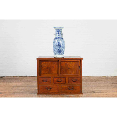 Japanese Taishō Period Keyaki Wood Cabinet with Sliding Doors and Five Drawers