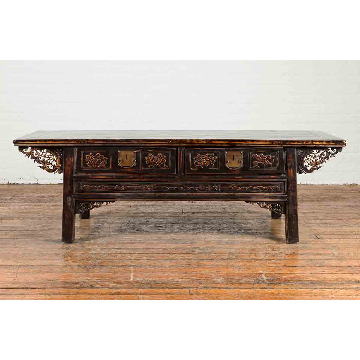 Chinese Qing Dynasty 19th Century Black Lacquer Coffee Table with Two Drawers-2. Asian & Chinese Furniture, Art, Antiques, Vintage Home Décor for sale at FEA Home