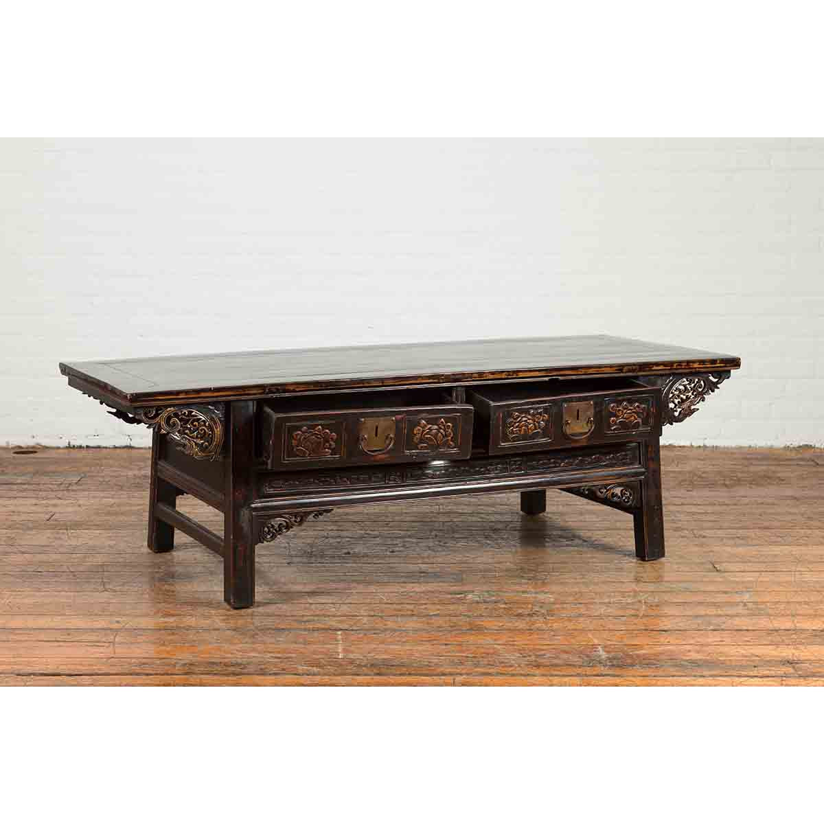 Chinese Qing Dynasty 19th Century Black Lacquer Coffee Table with Two Drawers-5. Asian &amp; Chinese Furniture, Art, Antiques, Vintage Home Décor for sale at FEA Home