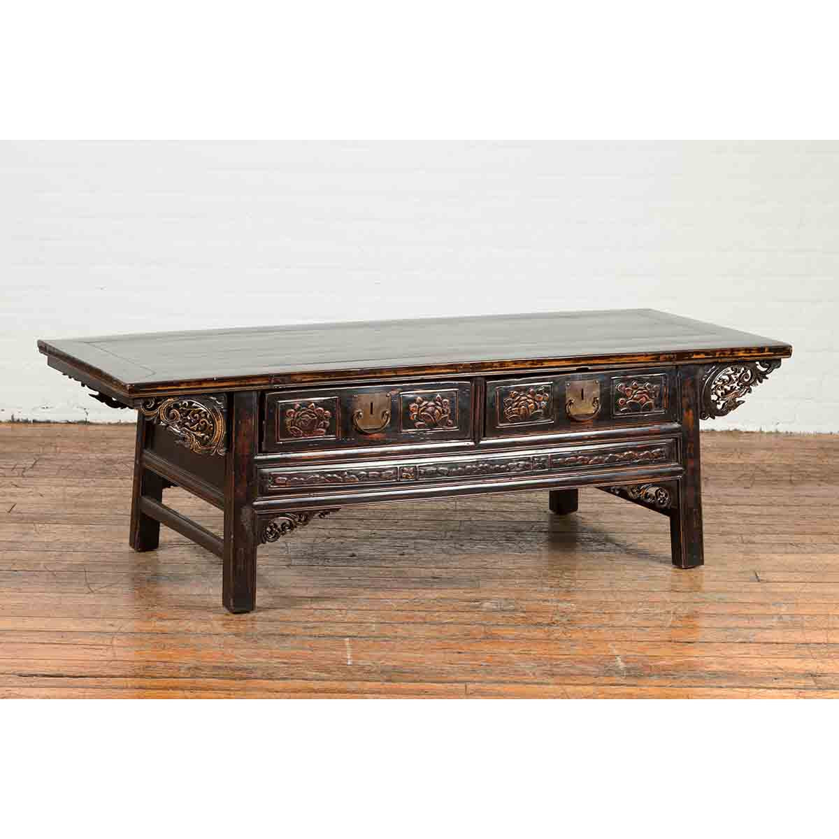 Chinese Qing Dynasty 19th Century Black Lacquer Coffee Table with Two Drawers-4. Asian &amp; Chinese Furniture, Art, Antiques, Vintage Home Décor for sale at FEA Home
