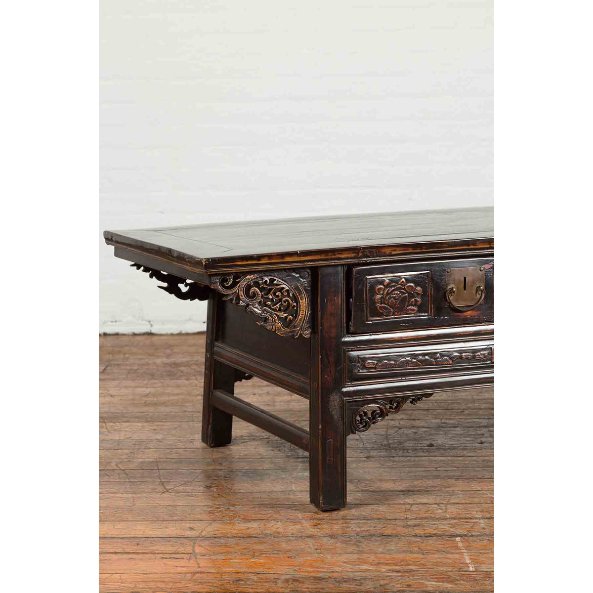 Chinese Qing Dynasty 19th Century Black Lacquer Coffee Table with Two Drawers-13. Asian &amp; Chinese Furniture, Art, Antiques, Vintage Home Décor for sale at FEA Home
