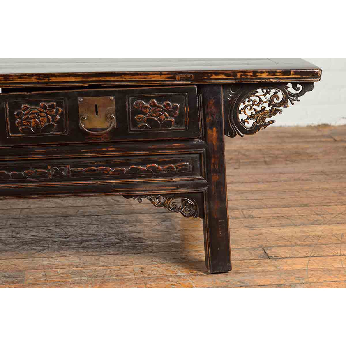 Chinese Qing Dynasty 19th Century Black Lacquer Coffee Table with Two Drawers-11. Asian &amp; Chinese Furniture, Art, Antiques, Vintage Home Décor for sale at FEA Home