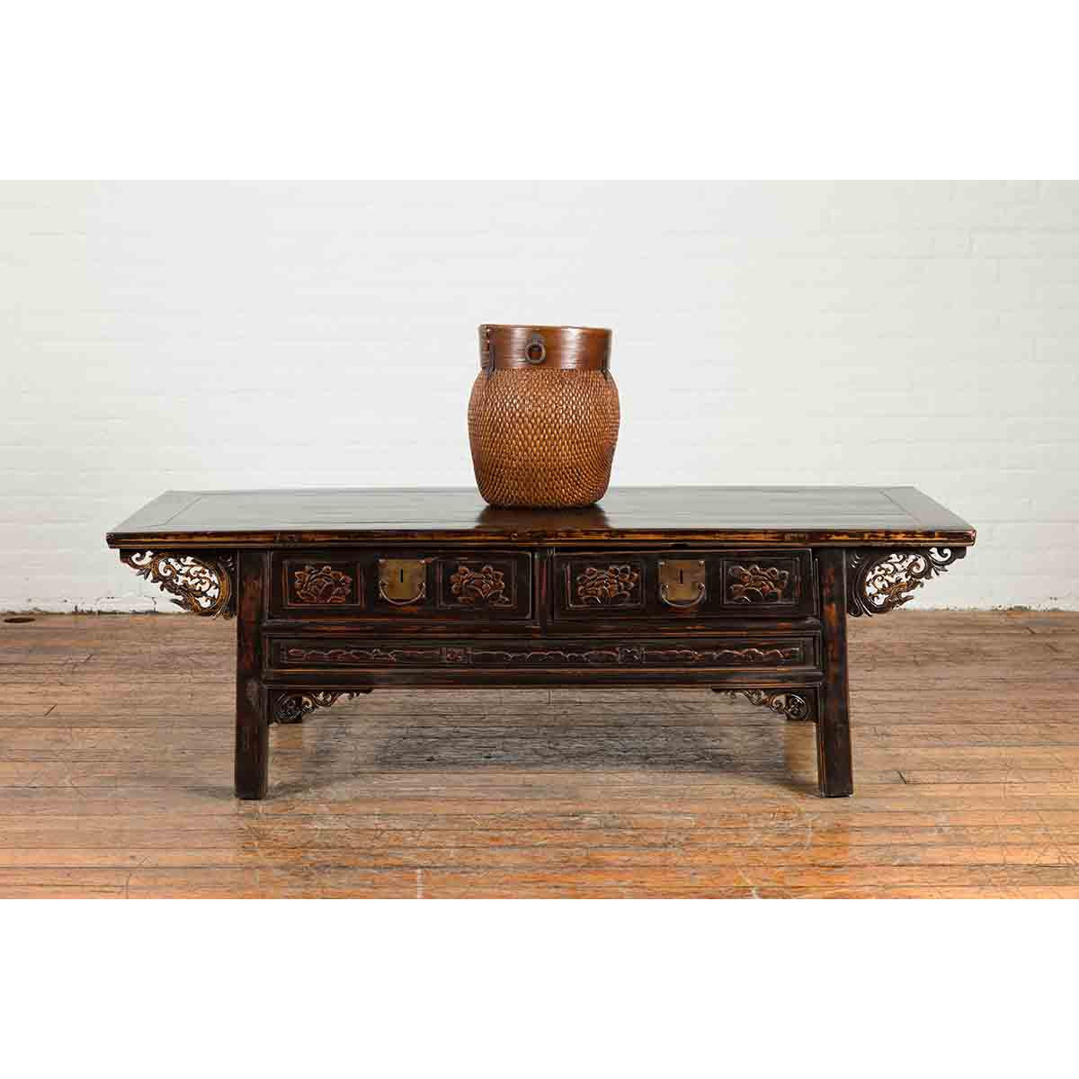 Chinese Qing Dynasty 19th Century Black Lacquer Coffee Table with Two Drawers-3. Asian &amp; Chinese Furniture, Art, Antiques, Vintage Home Décor for sale at FEA Home