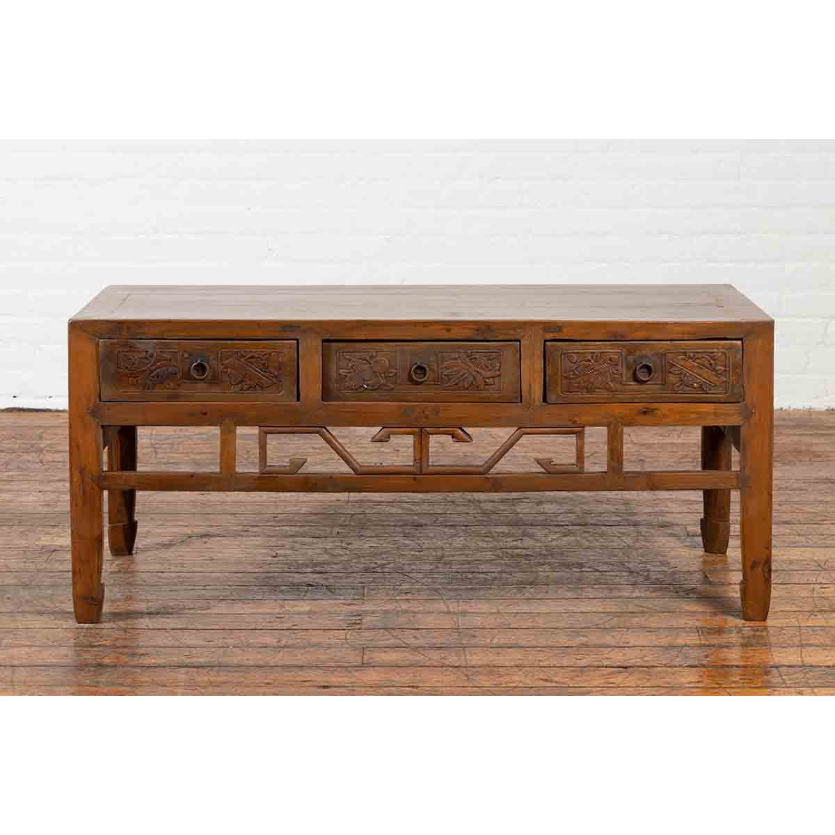 Chinese Vintage Coffee Table with Three Carved Drawers and Openwork Apron-2. Asian & Chinese Furniture, Art, Antiques, Vintage Home Décor for sale at FEA Home