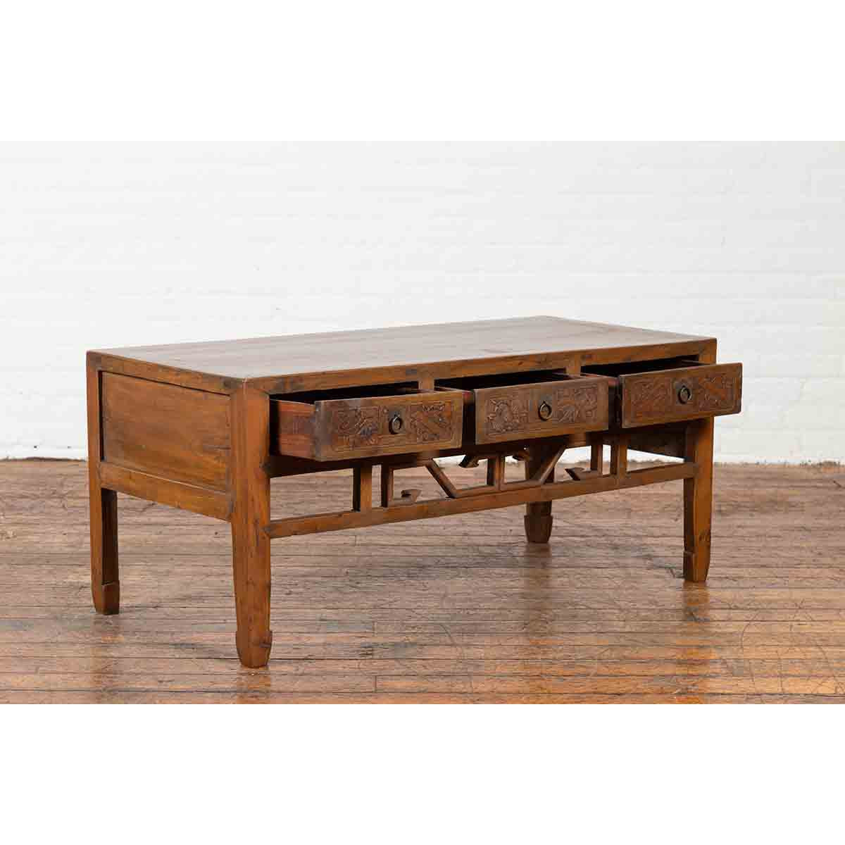 Chinese Vintage Coffee Table with Three Carved Drawers and Openwork Apron-6. Asian &amp; Chinese Furniture, Art, Antiques, Vintage Home Décor for sale at FEA Home