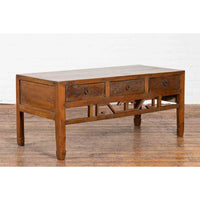 Chinese Vintage Coffee Table with Three Carved Drawers and Openwork Apron