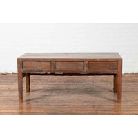 Chinese Vintage Coffee Table with Three Carved Drawers and Openwork Apron