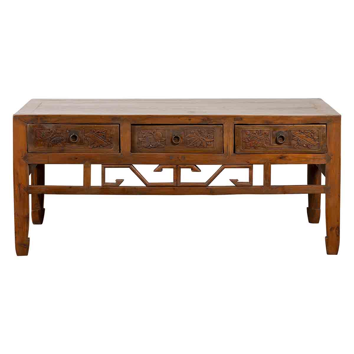 Chinese Vintage Coffee Table with Three Carved Drawers and Openwork Apron-1. Asian & Chinese Furniture, Art, Antiques, Vintage Home Décor for sale at FEA Home