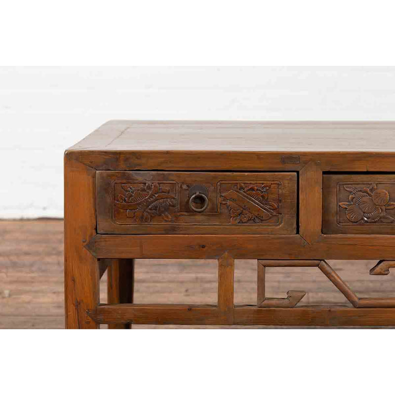 Chinese Vintage Coffee Table with Three Carved Drawers and Openwork Apron