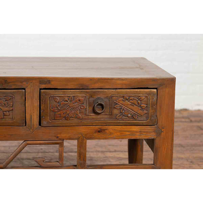 Chinese Vintage Coffee Table with Three Carved Drawers and Openwork Apron-YN7118-8. Asian & Chinese Furniture, Art, Antiques, Vintage Home Décor for sale at FEA Home