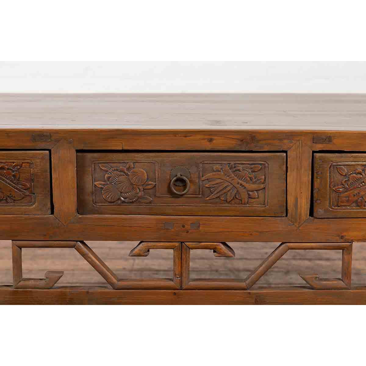 Chinese Vintage Coffee Table with Three Carved Drawers and Openwork Apron-9. Asian &amp; Chinese Furniture, Art, Antiques, Vintage Home Décor for sale at FEA Home