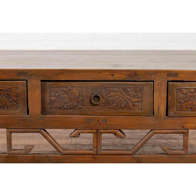 Chinese Vintage Coffee Table with Three Carved Drawers and Openwork Apron-YN7118-9. Asian & Chinese Furniture, Art, Antiques, Vintage Home Décor for sale at FEA Home