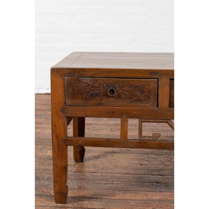 Chinese Vintage Coffee Table with Three Carved Drawers and Openwork Apron-YN7118-10. Asian & Chinese Furniture, Art, Antiques, Vintage Home Décor for sale at FEA Home