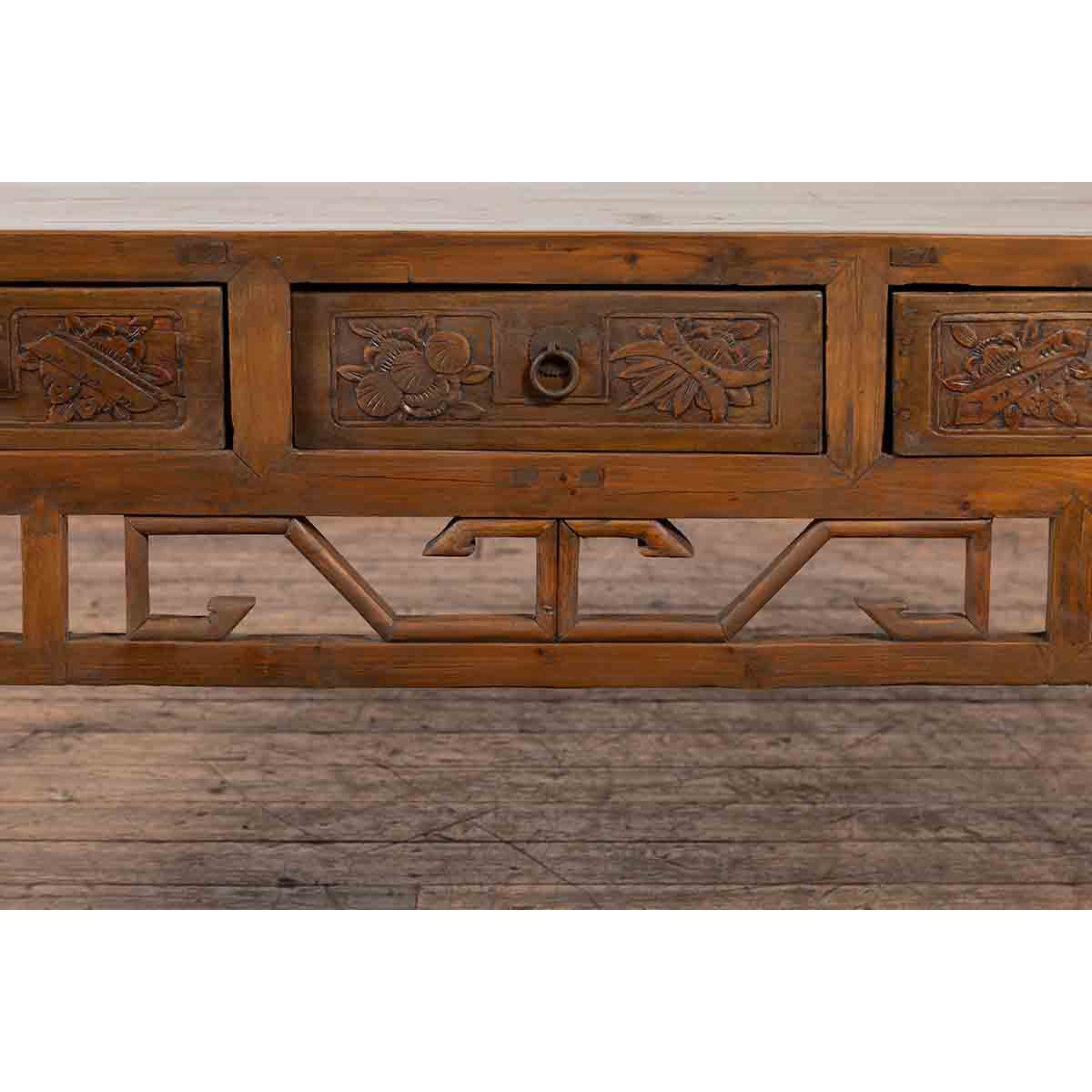 Chinese Vintage Coffee Table with Three Carved Drawers and Openwork Apron-12. Asian &amp; Chinese Furniture, Art, Antiques, Vintage Home Décor for sale at FEA Home