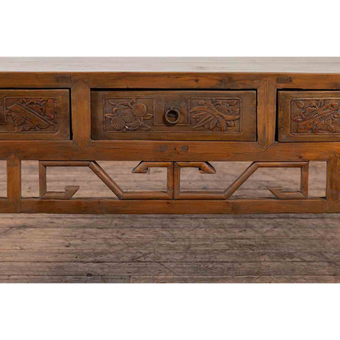 Chinese Vintage Coffee Table with Three Carved Drawers and Openwork Apron-YN7118-12. Asian & Chinese Furniture, Art, Antiques, Vintage Home Décor for sale at FEA Home