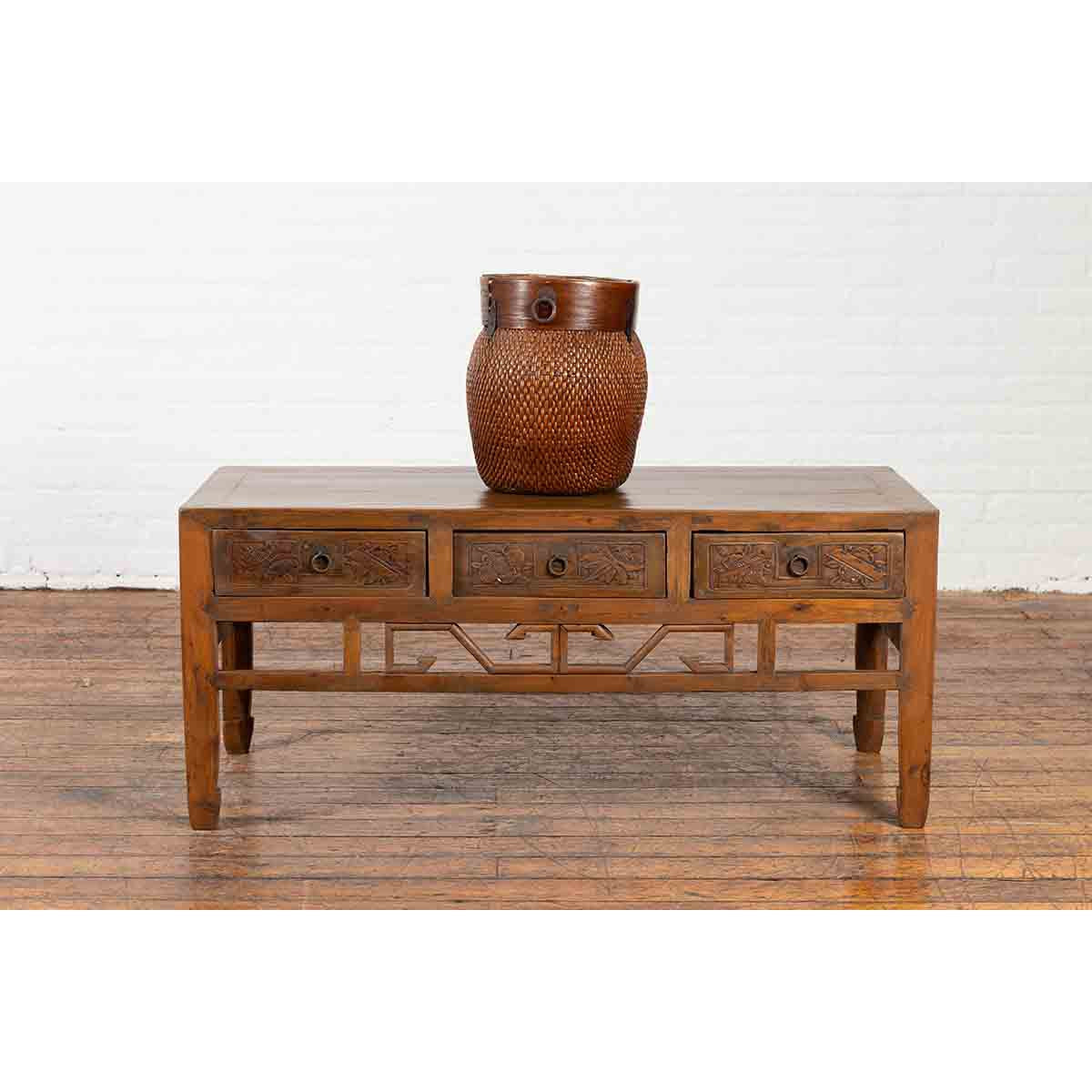 Chinese Vintage Coffee Table with Three Carved Drawers and Openwork Apron-3. Asian &amp; Chinese Furniture, Art, Antiques, Vintage Home Décor for sale at FEA Home