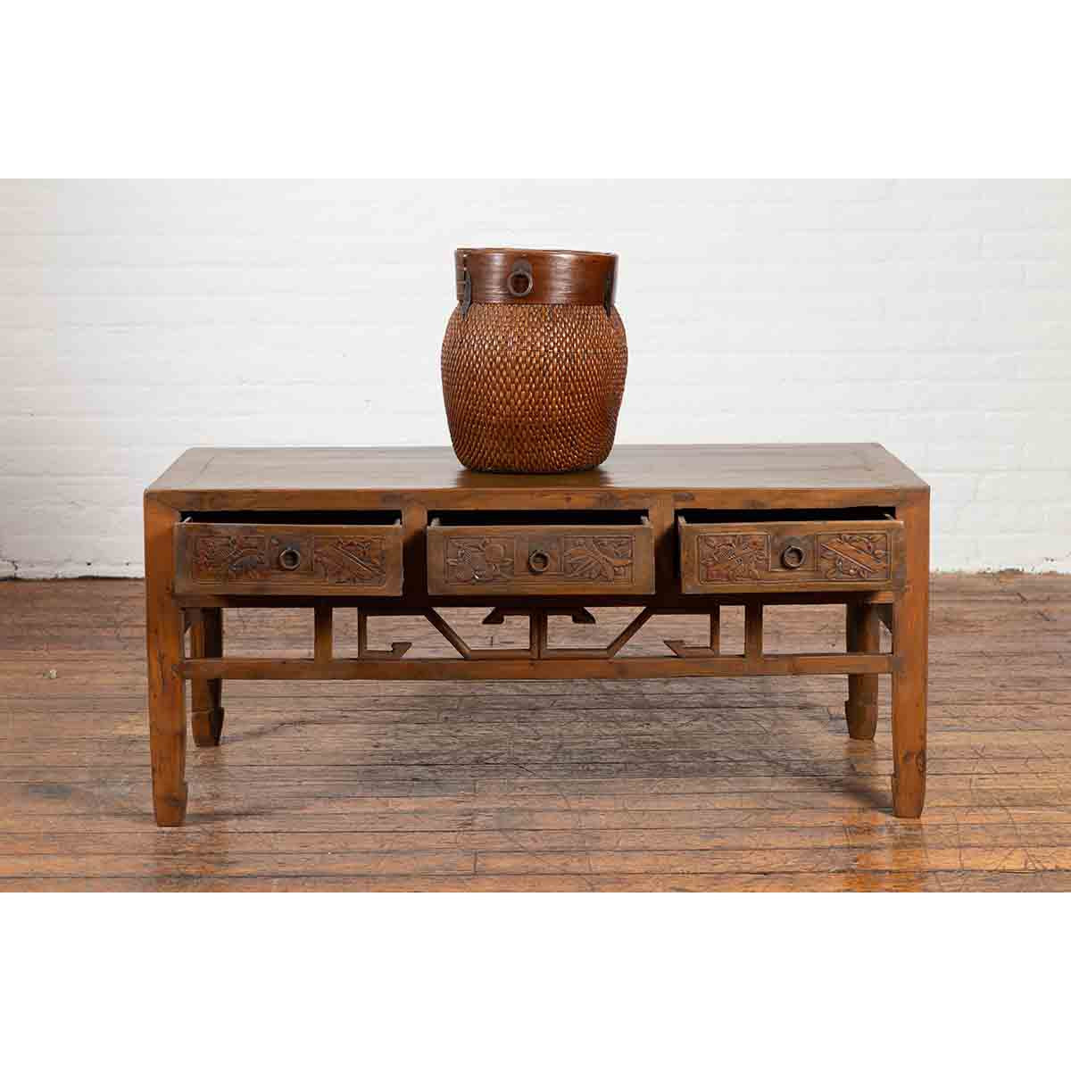 Chinese Vintage Coffee Table with Three Carved Drawers and Openwork Apron-4. Asian &amp; Chinese Furniture, Art, Antiques, Vintage Home Décor for sale at FEA Home