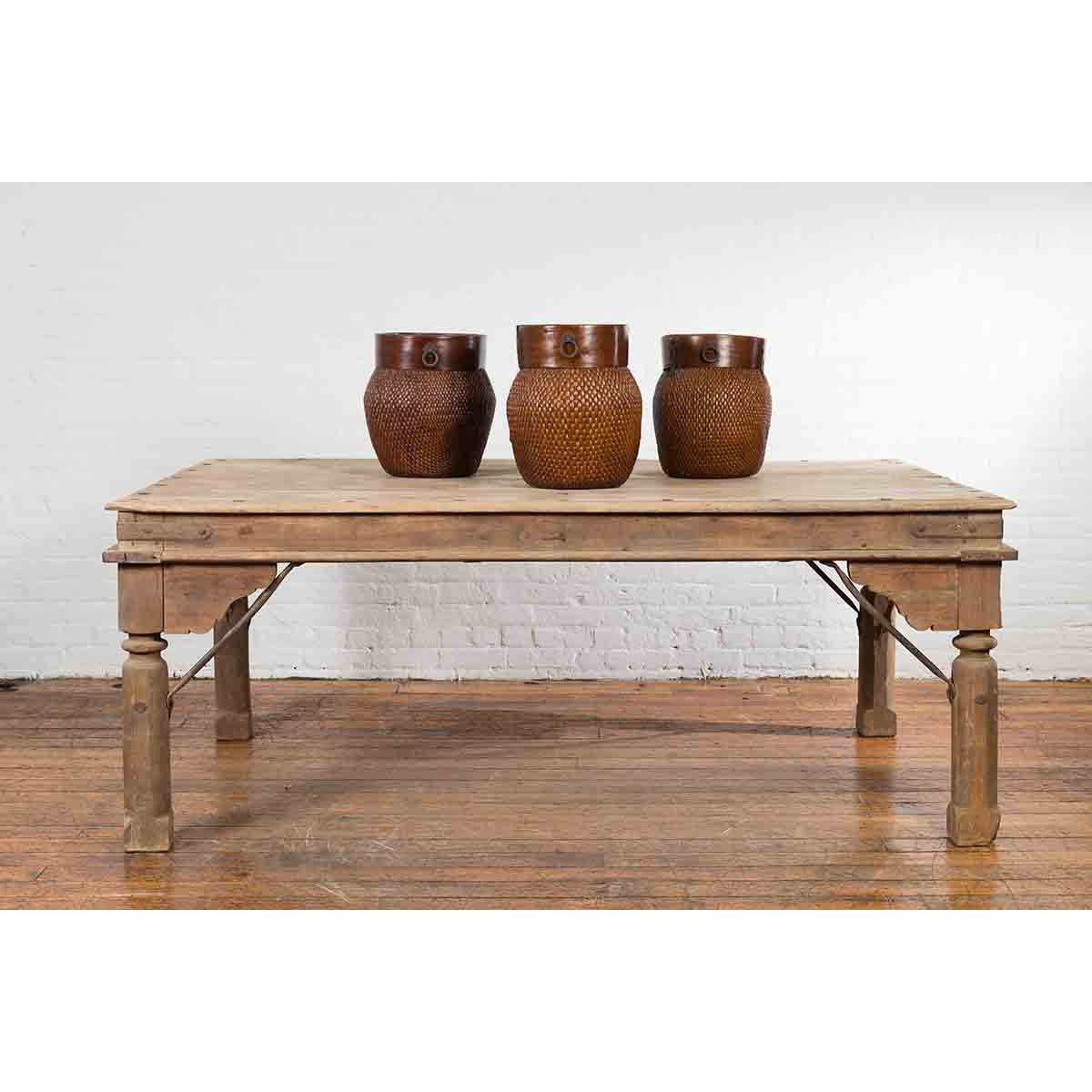 Indian Dining Table with Distressed Patina, Iron Details and Baluster Legs-3. Asian &amp; Chinese Furniture, Art, Antiques, Vintage Home Décor for sale at FEA Home