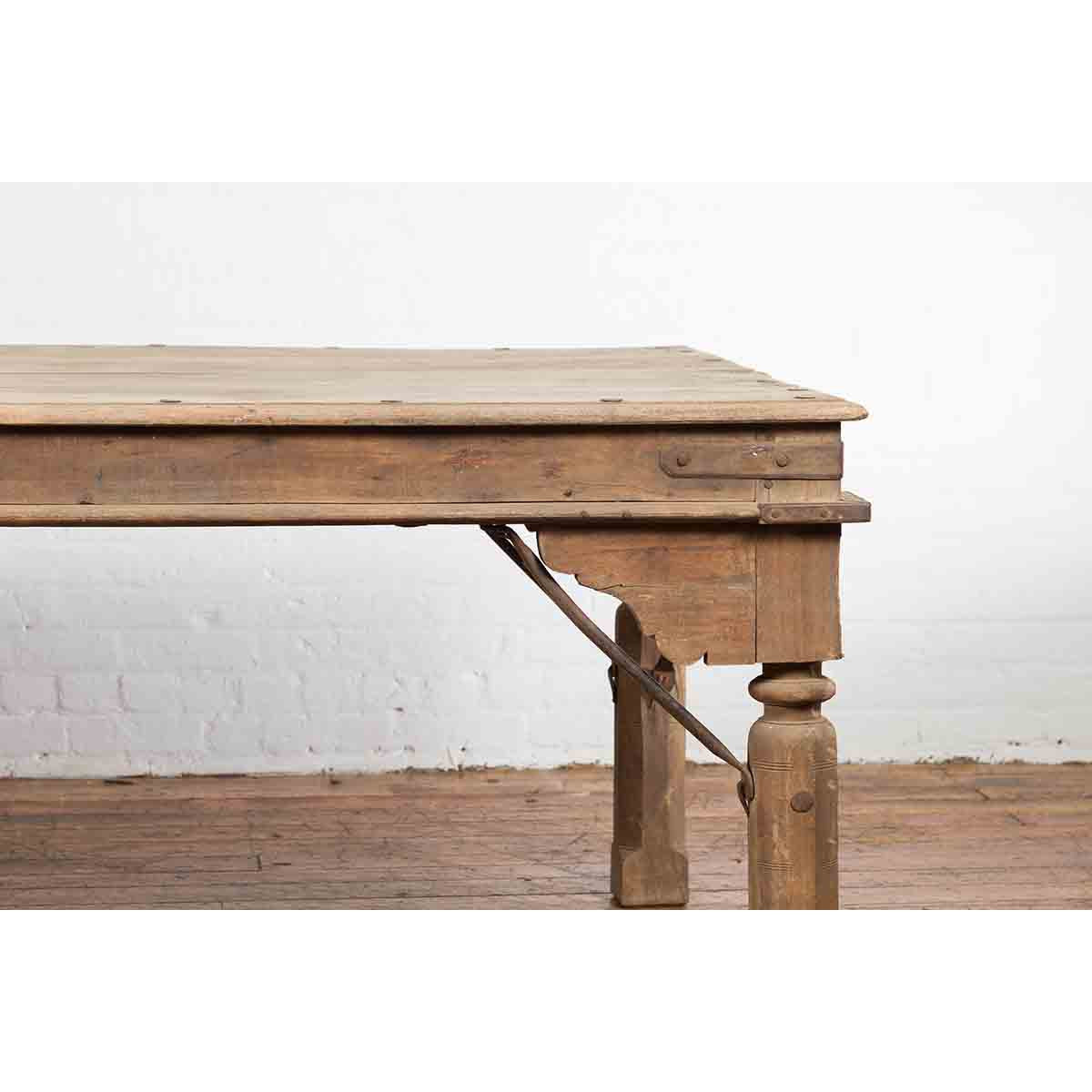 Indian Dining Table with Distressed Patina, Iron Details and Baluster Legs-8. Asian &amp; Chinese Furniture, Art, Antiques, Vintage Home Décor for sale at FEA Home